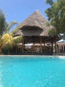 uma cabana de palha com uma piscina em frente em Vanilla em Nungwi