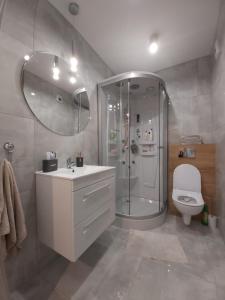 łazienka z prysznicem, umywalką i toaletą w obiekcie Apartament Przy Lesie Słoneczne Tarasy w Dziwnówku