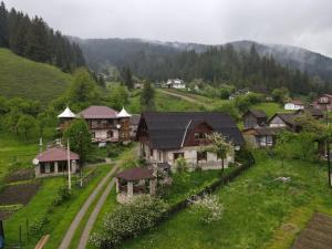 una vista aérea de un pueblo con casas en una colina en Sadyba Lileya en Verkhovyna