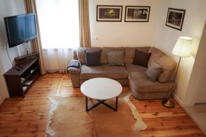 a living room with a couch and a table at Stylowy Apartament w Kamienicy in Chełm