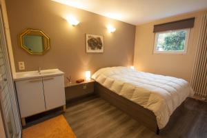 een slaapkamer met een bed, een wastafel en een spiegel bij GÎTE LA MARQUISETTE in Houyet