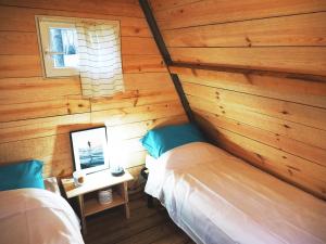 a bedroom with two beds in a wooden wall at Hoya Surf Camp - Activités + logements in Biscarrosse