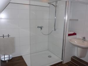 La salle de bains est pourvue d'une douche et d'un lavabo. dans l'établissement Altes Fischerhaus, à Maasholm
