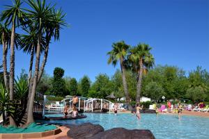 une piscine avec des palmiers et des gens dans l'eau dans l'établissement Camping Les Salisses - Maeva, à Vias 11 autres photos