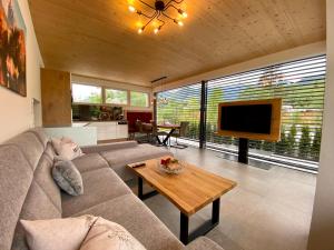 a living room with a couch and a television at Appartementhaus Anna in Leogang