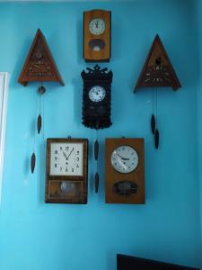 eine Gruppe von Uhren, die an einer blauen Wand hängen in der Unterkunft Vilni Kimnaty in Mukatschewo