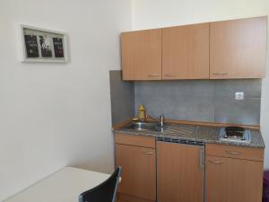 a kitchen with wooden cabinets and a sink at Apartments Todorovic in Pula