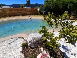 a small swimming pool in a garden with a rock at Iacovino Country House in Sarzana