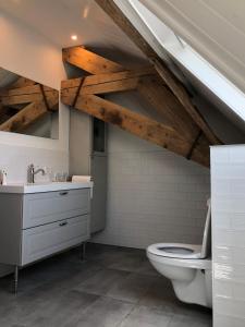 uma casa de banho com um WC branco e um lavatório. em Bed & Brood De Vogelpoel em Wijk bij Duurstede