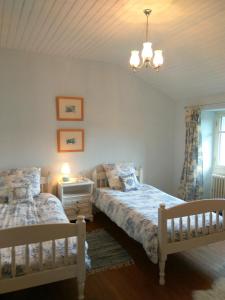 1 Schlafzimmer mit 2 Betten und einem Kronleuchter in der Unterkunft Le Cerisier et Le Petit Cerisier in L'Etang des Faures 