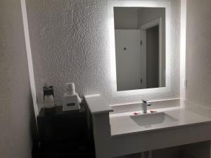 a bathroom with a white sink and a mirror at Travelodge by Wyndham Virginia Beach Bay Beach in Virginia Beach