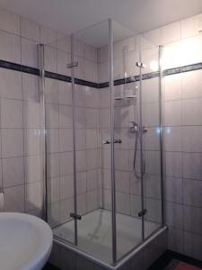 a shower with a glass door next to a sink at Ferienwohnung Edi Fischer in Oberfell