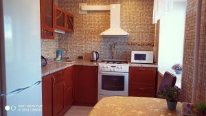 チュメニにあるАпартаменты Холодильная, 120аのキッチン(赤いキャビネット、白いコンロ付)