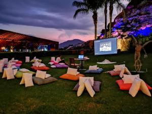 um grupo de almofadas na relva com uma televisão em El Santuario Resort & Spa em Valle de Bravo