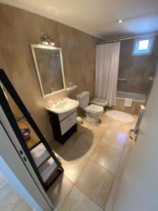uma casa de banho com um lavatório, um WC e um espelho. em Apartamento Casco Histórico em San Carlos de Bariloche