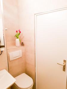 een badkamer met een toilet en een glazen douchedeur bij Ferienwohnung Ostseetraum in Rostock