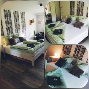 two pictures of a bedroom with two beds and a couch at Lived-In Appartement in Bad Urach