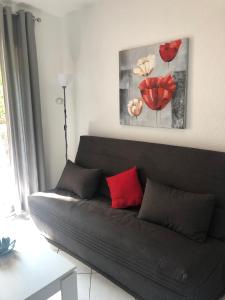 un sofá negro con almohadas rojas en la sala de estar. en Cannes center, en Cannes