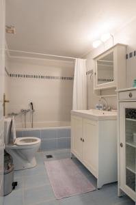 een witte badkamer met een toilet en een wastafel bij Avelia Blue in Asprogerakata