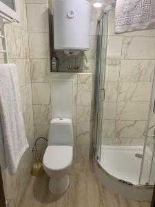 een badkamer met een wit toilet en een douche bij Апартаменти Monte in Rakhiv