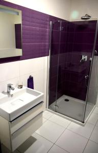 a bathroom with a sink and a shower at Apartament Sianożęty in Sianozety