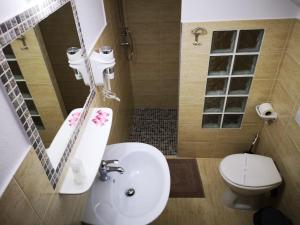 łazienka z białą umywalką i toaletą w obiekcie Pension Bella Vista w mieście Arefu