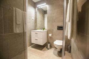 La salle de bains est pourvue de toilettes, d'un lavabo et d'une douche. dans l'établissement Casa dos Castelos, à Évora