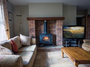 a living room with a fireplace and a couch and a tv at The Gatehouse at Mullans Bay in Kesh