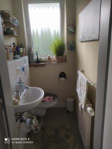 a bathroom with a sink and a toilet and a window at Romantischer Traum, nur 1 Tag im voraus zu buchen, mit TV inkl Netflix in Bielefeld