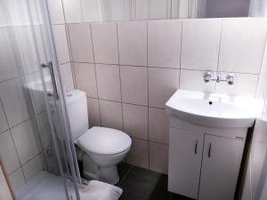 a bathroom with a toilet and a sink at Pokoje Szczawnica Centrum - duży ogród in Szczawnica