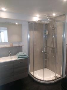 a bathroom with a shower and a sink at Aux Premières Loges in Fécamp