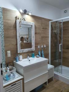 a bathroom with a sink and a shower and a mirror at Apartament Bursztyn in Pobierowo