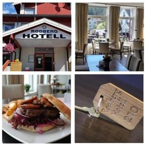 een collage van foto's van een hotel en een sandwich bij Rødberg Hotel in Rødberg