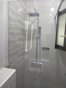 una doccia con porta in vetro in bagno di Apartments Barbara a Pinezići