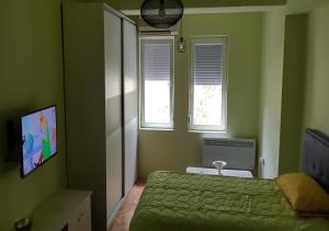 a green bedroom with a bed and two windows at Lux Apartment in the city center in Štip