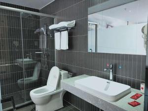 a bathroom with a toilet and a sink and a mirror at Thank Inn Chain Hotel Jiangmen Kaiping Shuikou Passenger Transport Station in Jiangmen