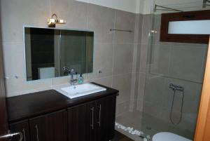 uma casa de banho com um lavatório e um chuveiro com um espelho. em Villa Dream Arachova em Arachova