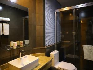 ein Bad mit einem Waschbecken, einem WC und einer Dusche in der Unterkunft Thank Inn Chain Hotel Jiangxi Ganzhou Longnan County Longxiang Avenue Store in Magutang