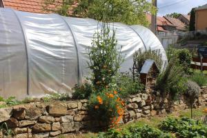 a greenhouse in a garden with flowers in it at A Kert Apartman in Rezi