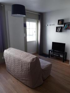 a bedroom with a bed and a television and a window at Chez Isa et Christophe in Mogeville