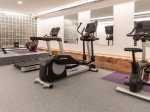 einen Fitnessraum mit mehreren Heimtrainern und Laufbändern in der Unterkunft Premium Green Apartments Vienna in Wien