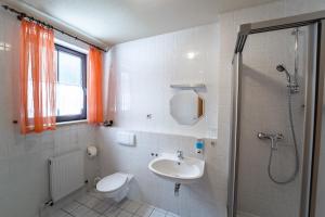 uma casa de banho com um lavatório, um chuveiro e um WC. em Ankerbräu Ferienwohnungen Brauerei Bierbad em Steinach