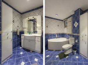 2 immagini di un bagno con servizi igienici e lavandino di Urban Hostel & Apartments a Skopje