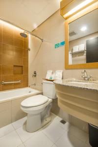 a bathroom with a toilet and a sink and a mirror at Microtel by Wyndham South Forbes near Nuvali in Santa Rosa