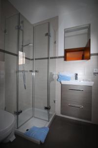 y baño con ducha, aseo y lavamanos. en Hotel garni Zur Post en Utersum