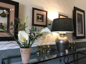 a table with a lamp and a vase with a flower on it at Beverley Country Cottages in Dargle