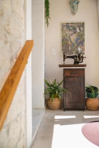 a room with potted plants and a painting on the wall at Apartments villa Mira in Kaštela