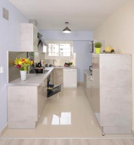 una cocina con armarios blancos y flores en el suelo en Appartement 2 chambres Angers Centre de Congrès en Angers