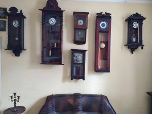 a group of clocks hanging on a wall at Vilni Kimnaty in Mukacheve