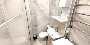 a bathroom with a shower and a toilet and a sink at Berta Maria in Odesa